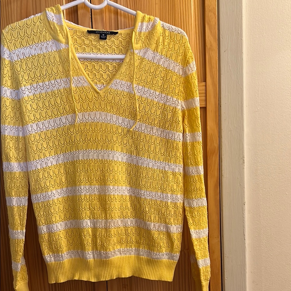 Yellow and White Striped Women's V-neck Sweater